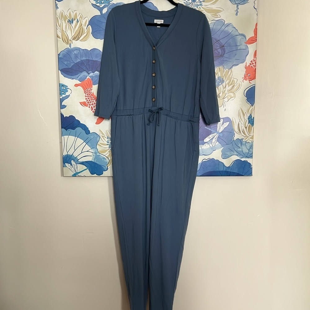 Garnet Hill Relaxed Fit French Terry Ankle Length V-neck Jumpsuit in Blue - M - Picture 3 of 9